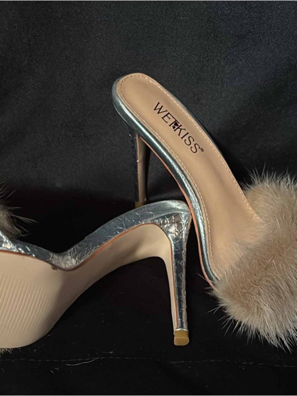 Kiss Metallic Silver Stiletto Mules with Beige Fur Trim